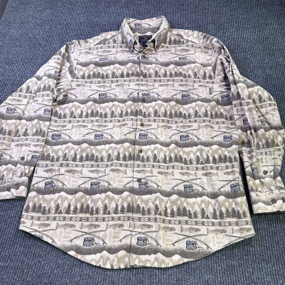 VTG WOOLRICH Chamois Flannel Button Down Shirt Mens 2XL Nature Fish AOP Outdoors